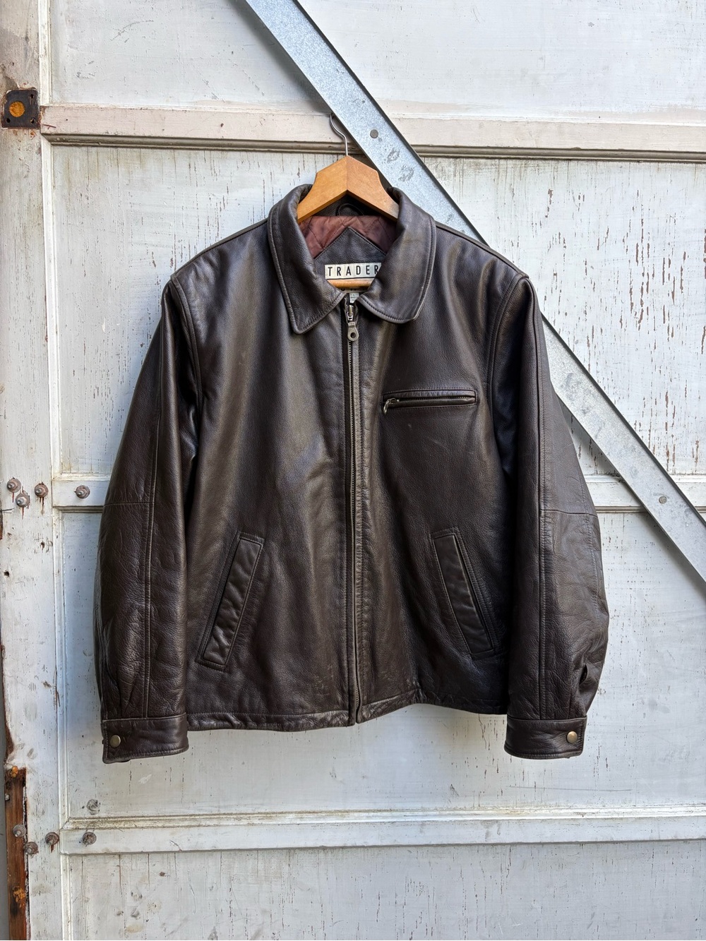 Vintage 90s Trader Bay Brown Biker Motorcycle Leather Quilted Lined Jacket L